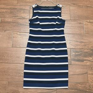 White House Black Market Sheath Dress Navy Blue Striped Boat Neck Sz 10
